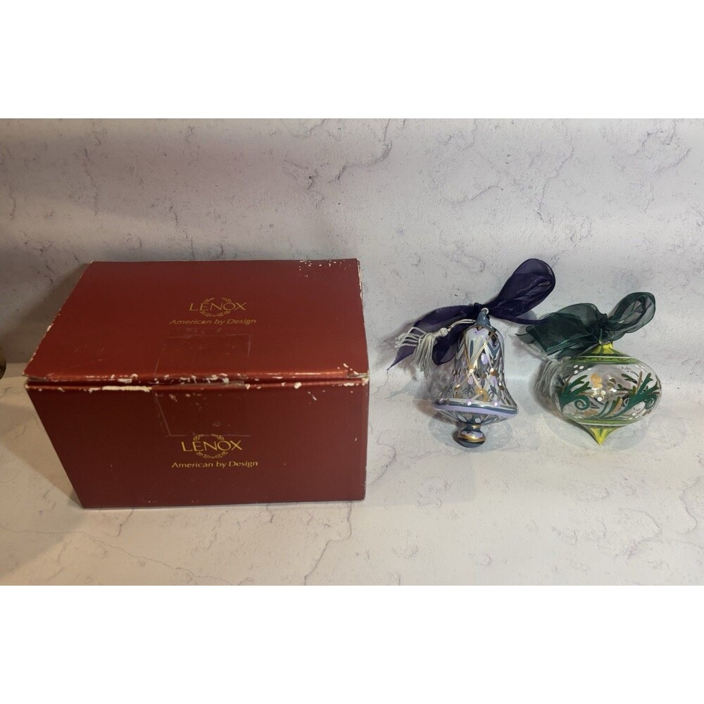 Set of 2 Hand Painted Gems Ornaments Christmas Lenox Green Purple